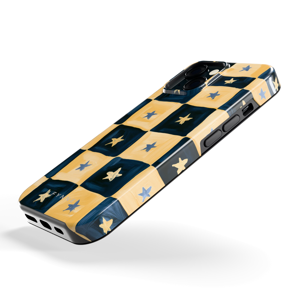 Sterrendambord hoesje voor iPhone 15, schuin