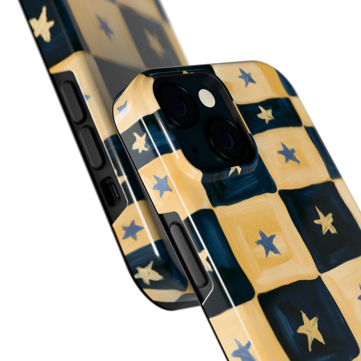 Sterrendambord hoesje voor iPhone 15, close-up