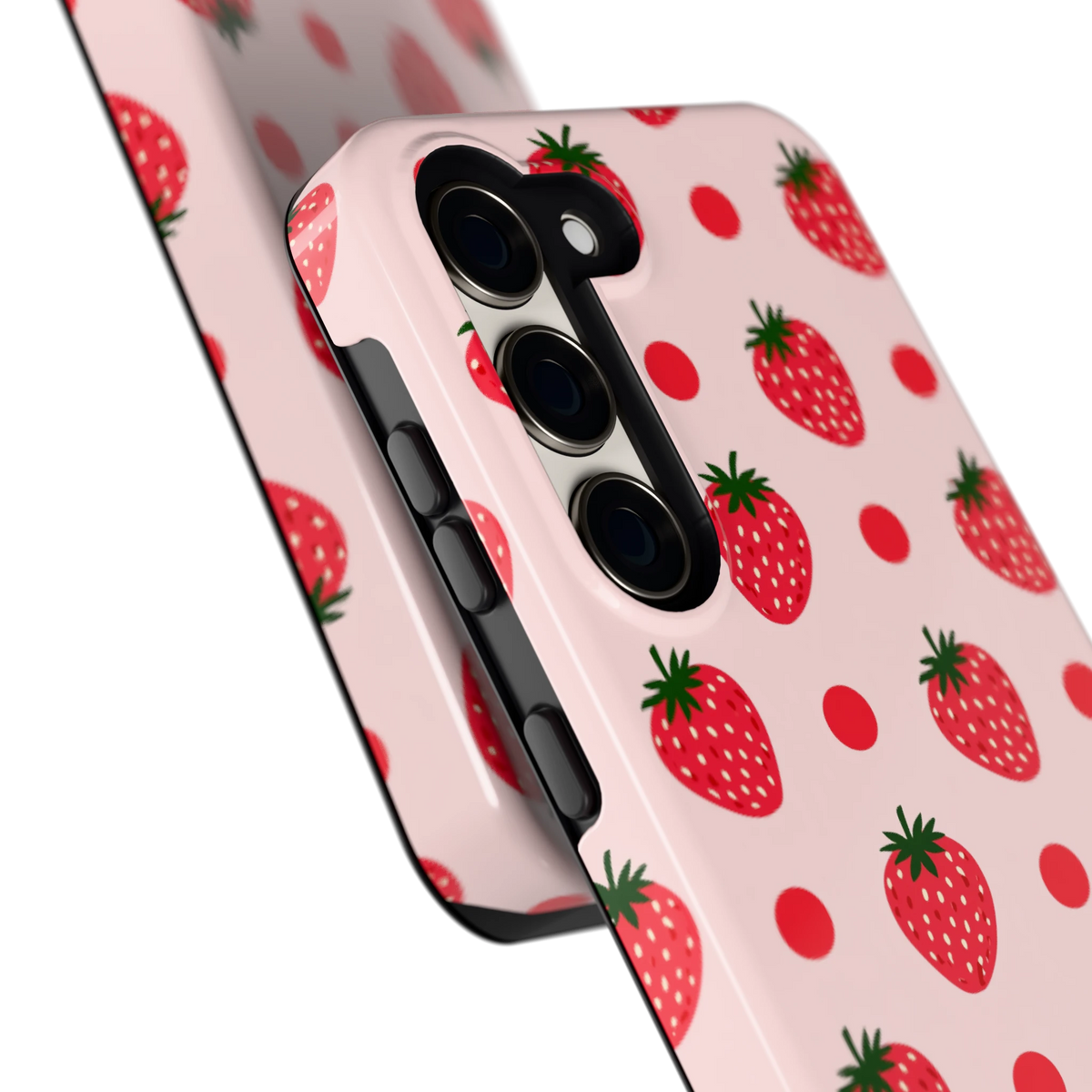 Aardbeien en Stippen hoesje voor Galaxy S23, close-up