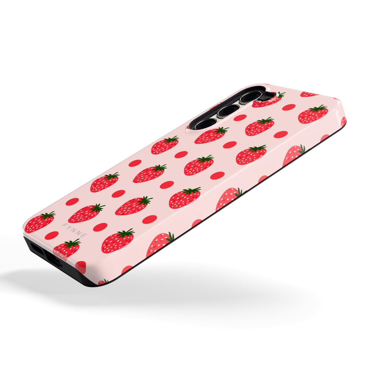 Aardbeien en Stippen hoesje voor Galaxy S23+, schuin