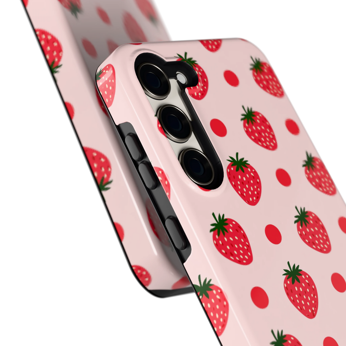 Aardbeien en Stippen hoesje voor Galaxy S23+, close-up
