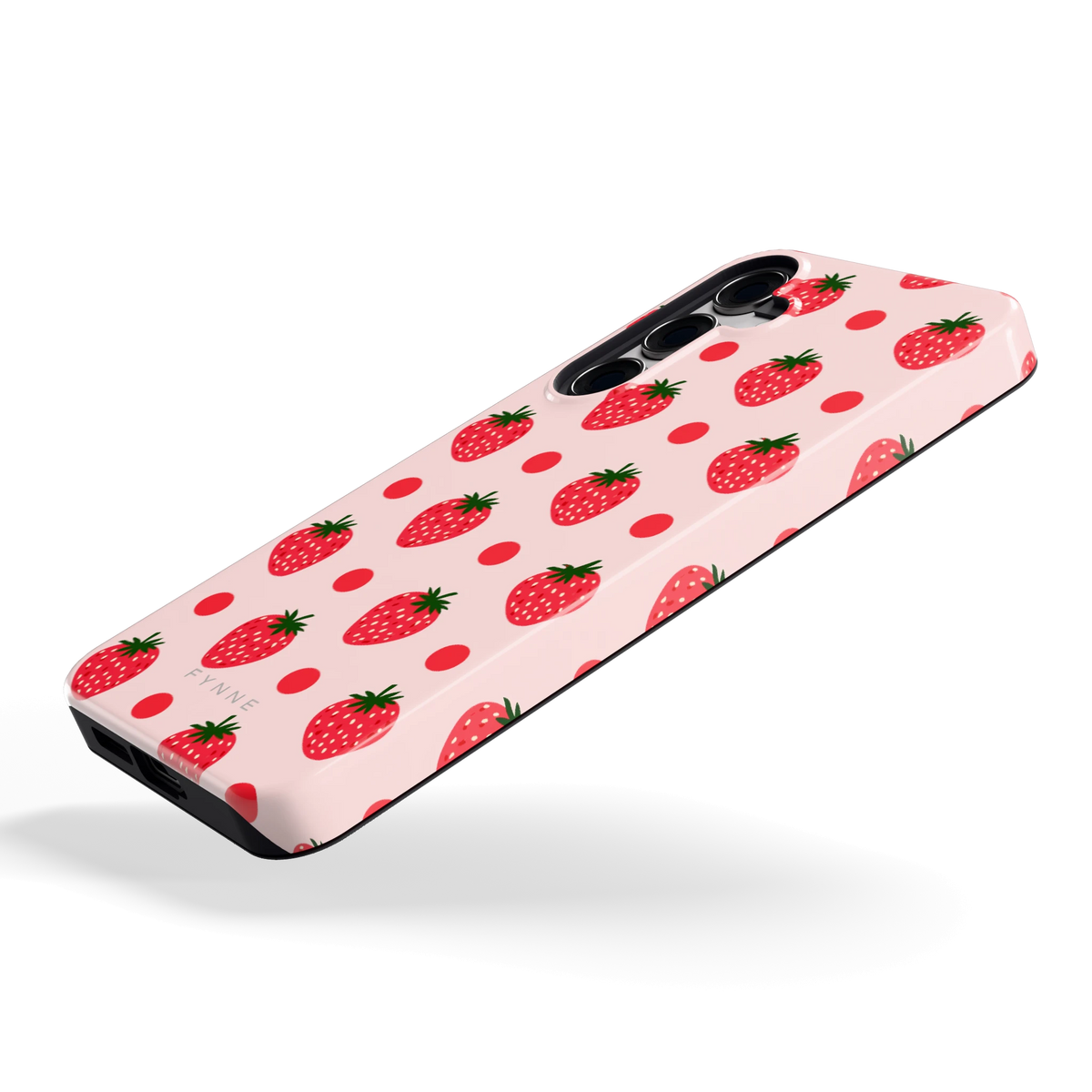 Aardbeien en Stippen hoesje voor Galaxy S24+, schuin