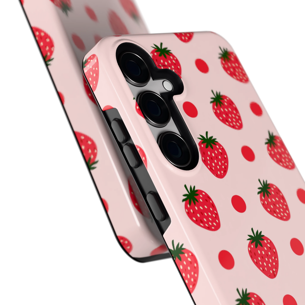 Aardbeien en Stippen hoesje voor Galaxy S24+, close-up