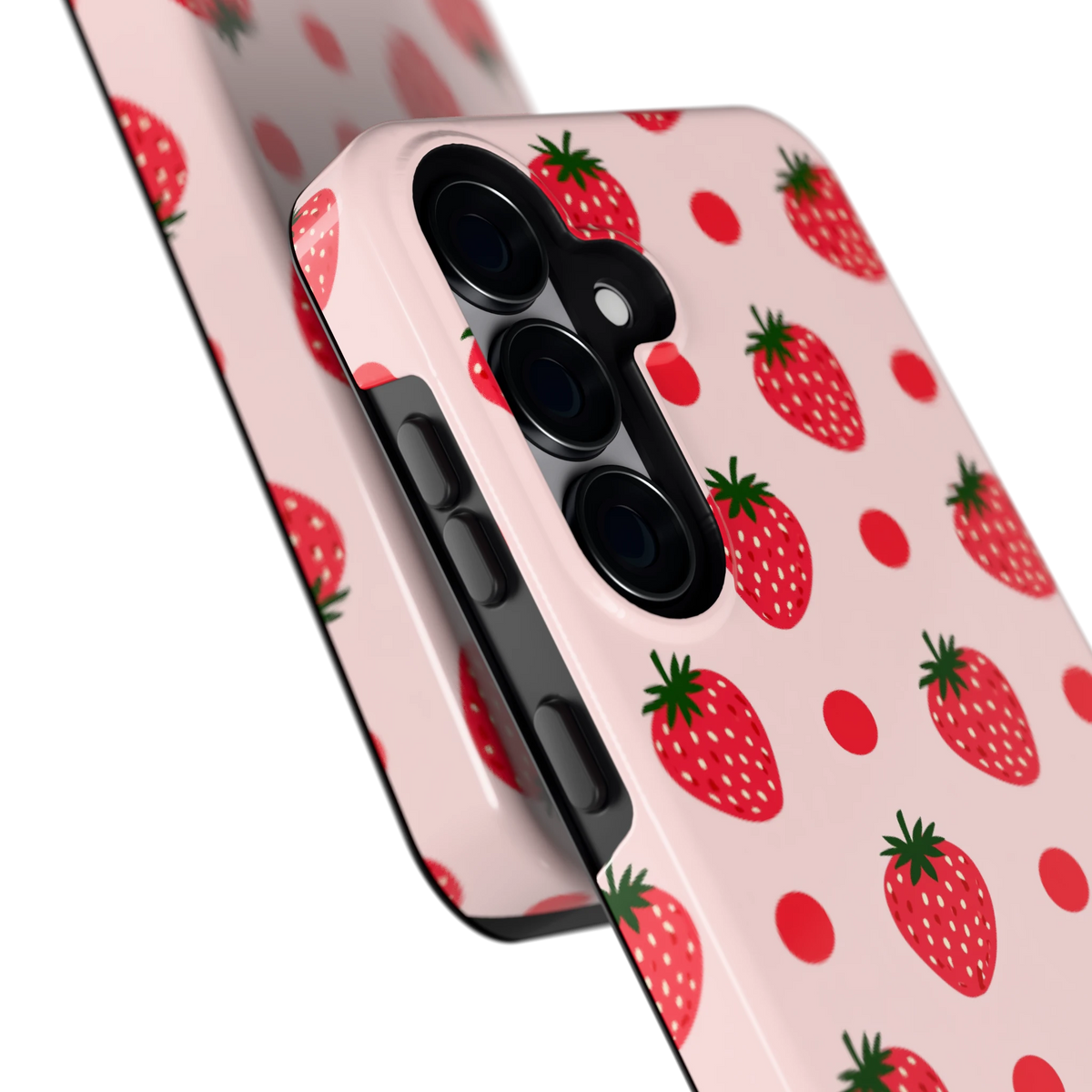 Aardbeien en Stippen hoesje voor Galaxy S25, close-up