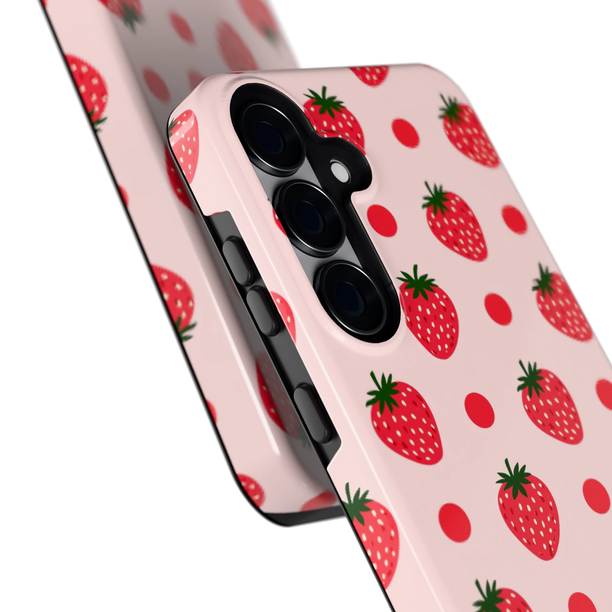 Aardbeien en Stippen hoesje voor Galaxy S25+, close-up