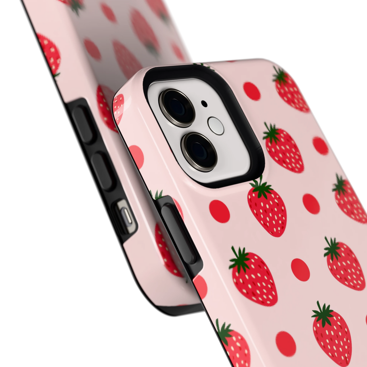 Aardbeien en Stippen hoesje voor iPhone 12, close-up