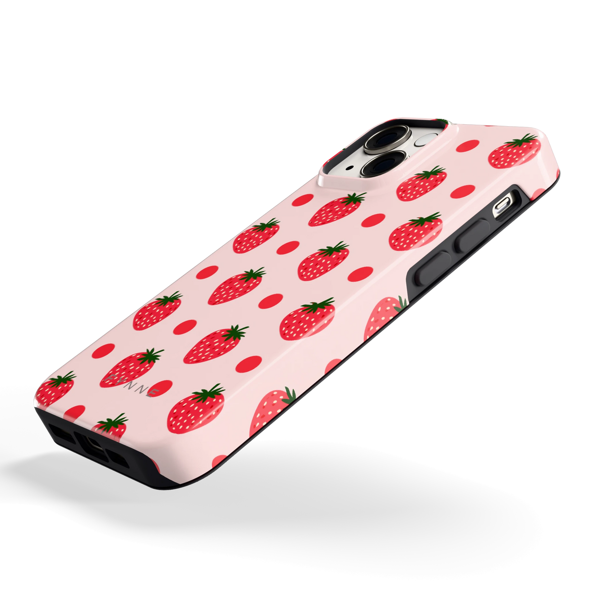 Aardbeien en Stippen hoesje voor iPhone 13 mini, schuin