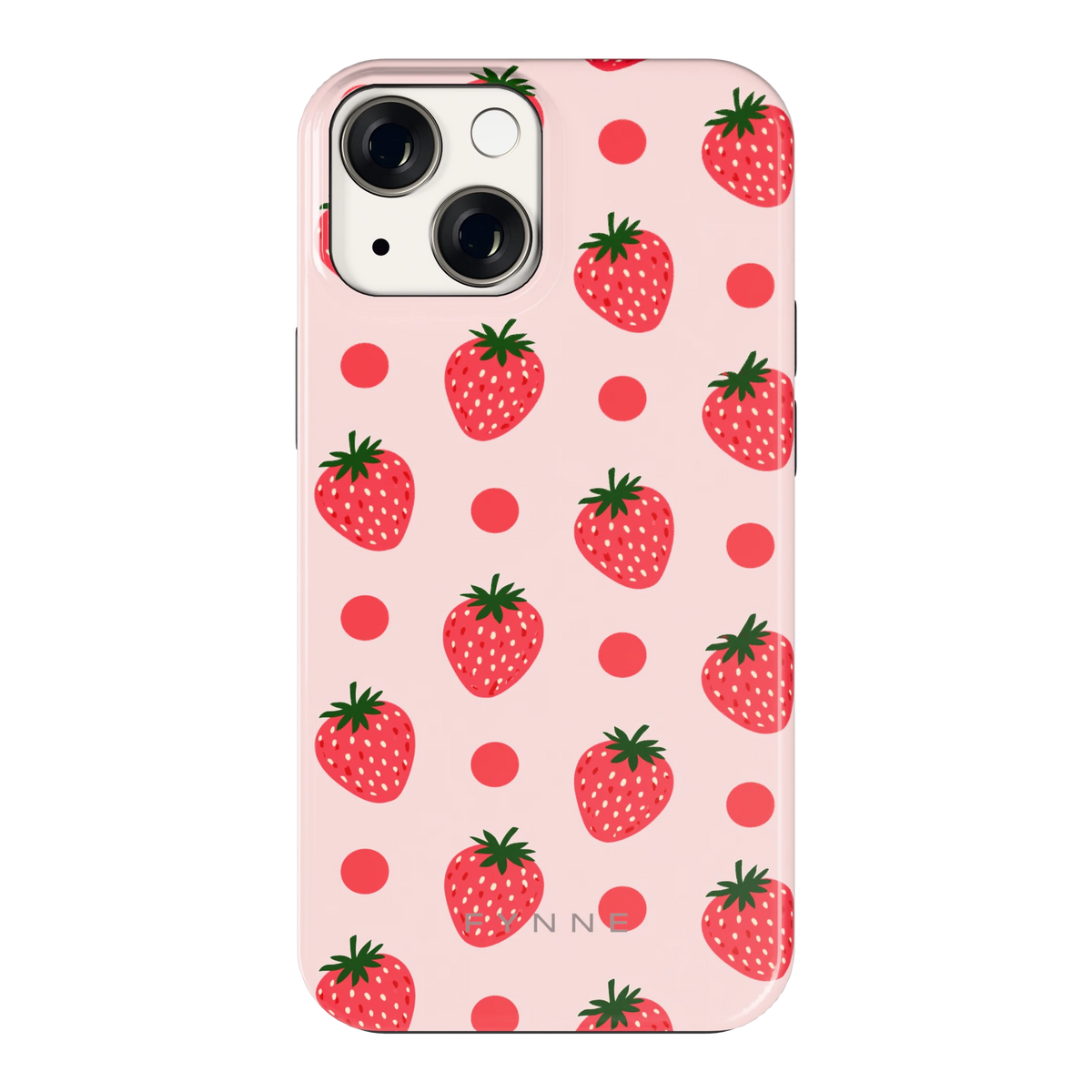 Aardbeien en Stippen hoesje voor iPhone 13 mini, achterkant