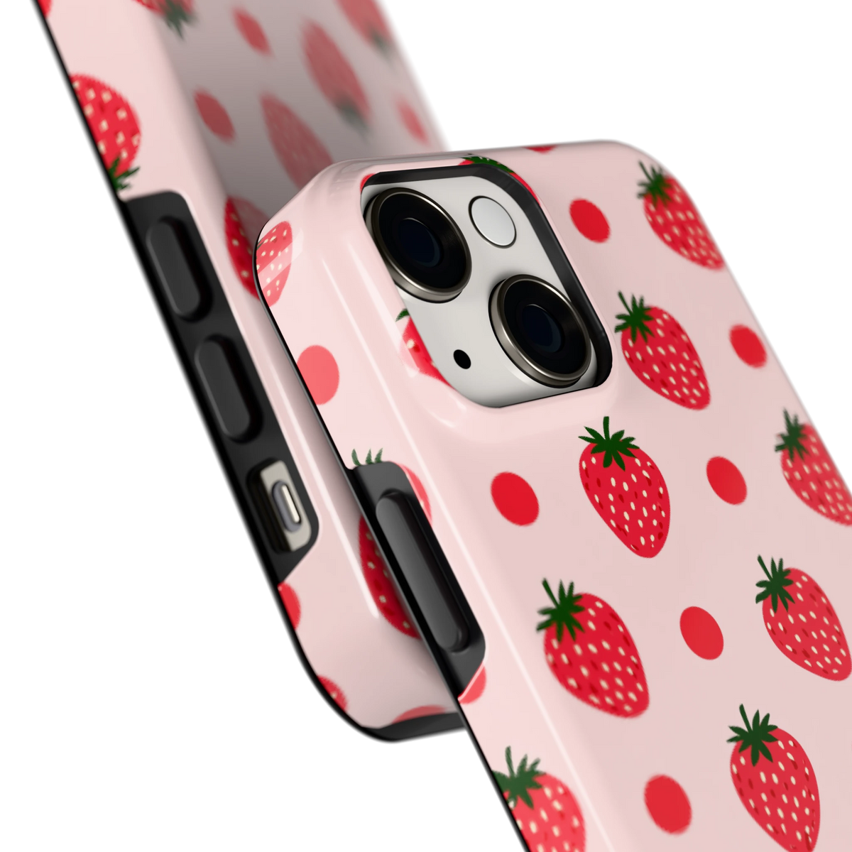 Aardbeien en Stippen hoesje voor iPhone 13 mini, close-up