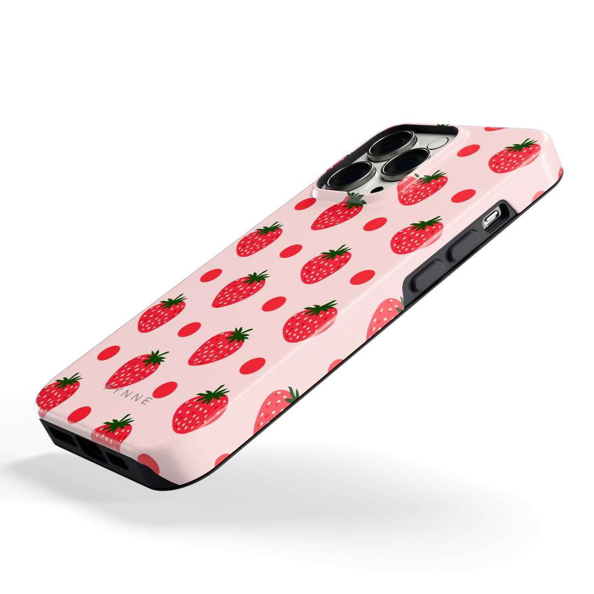 Aardbeien en Stippen hoesje voor iPhone 13 Pro, schuin