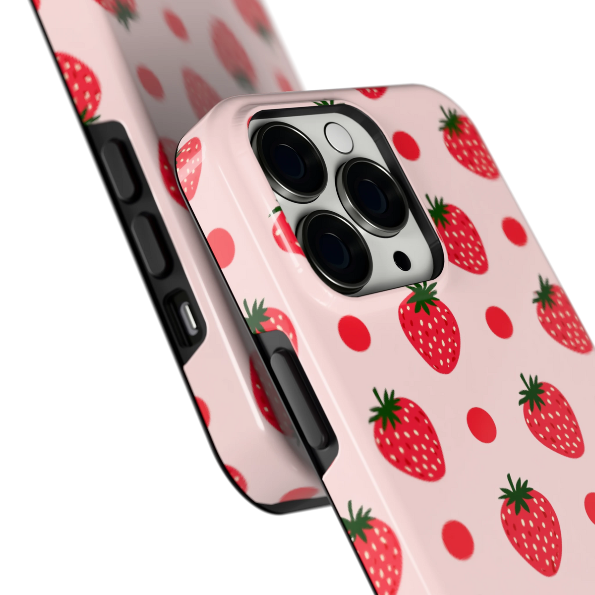 Aardbeien en Stippen hoesje voor iPhone 13 Pro, close-up