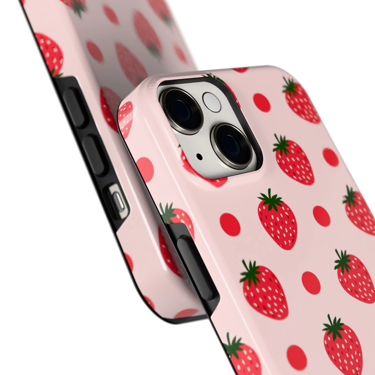 Aardbeien en Stippen hoesje voor iPhone 14, close-up
