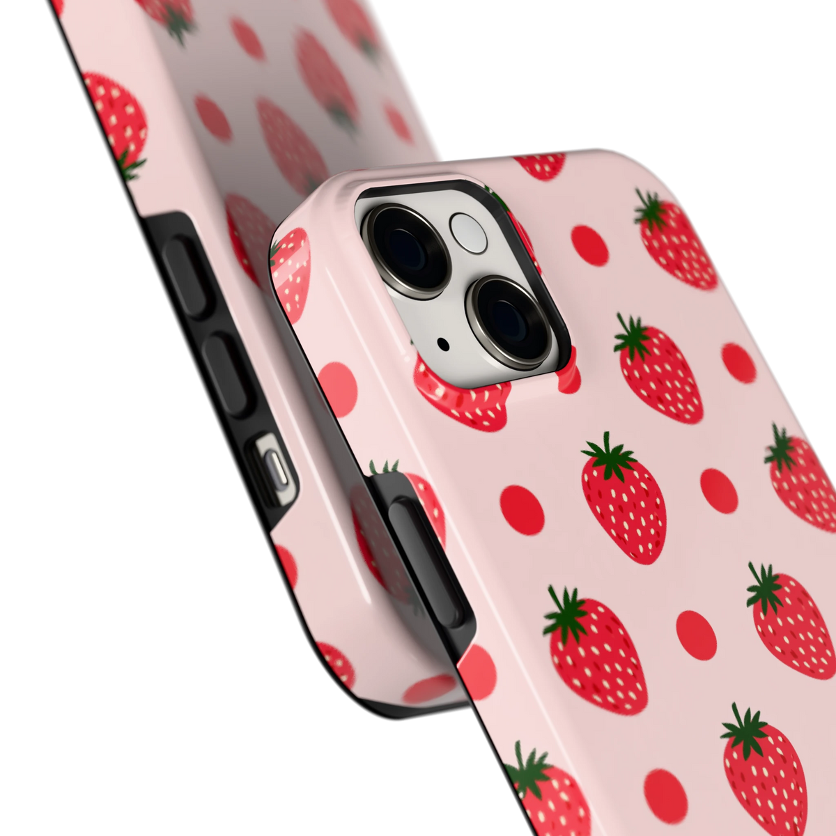 Aardbeien en Stippen hoesje voor iPhone 14 Plus, close-up