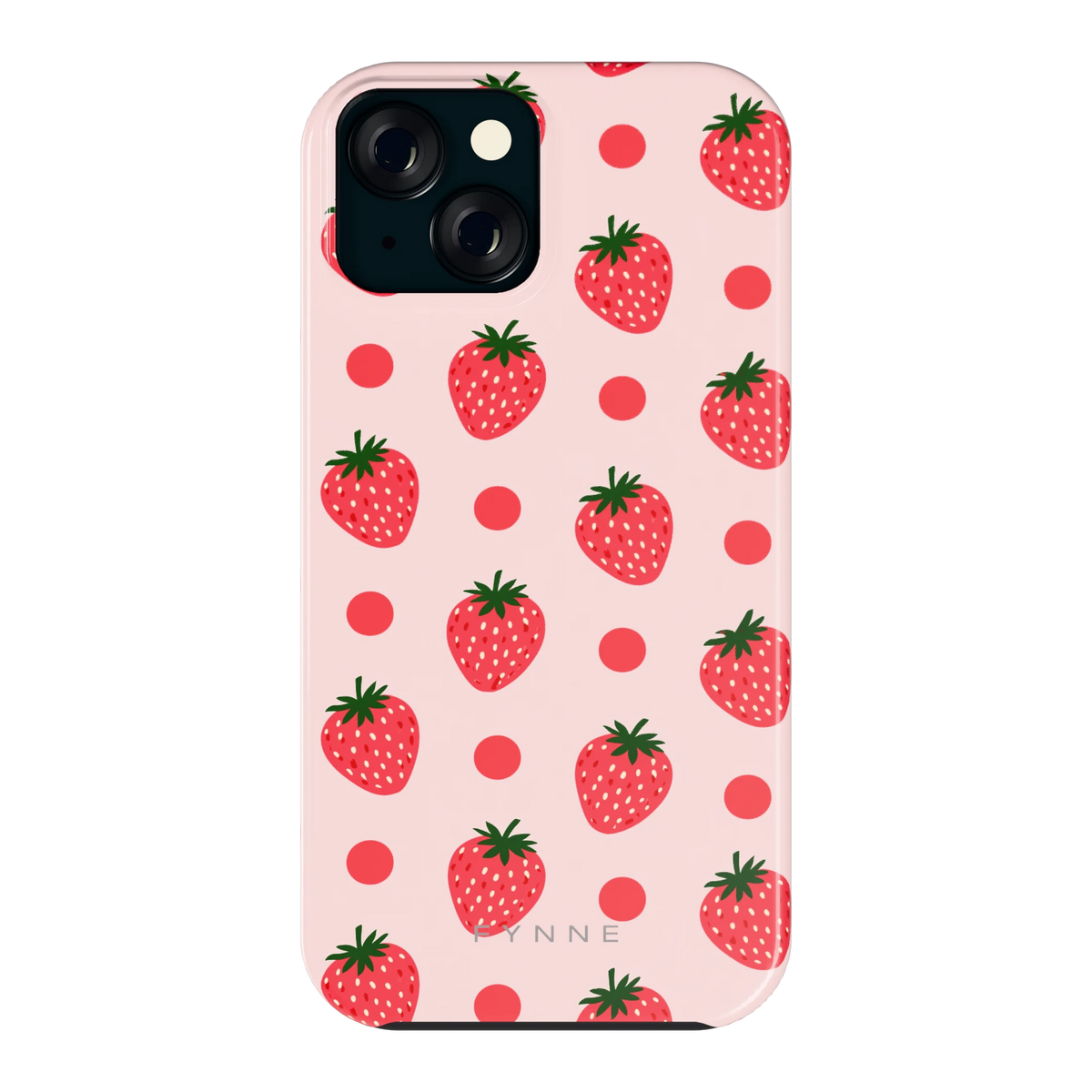 Aardbeien en Stippen hoesje voor iPhone 15, achterkant