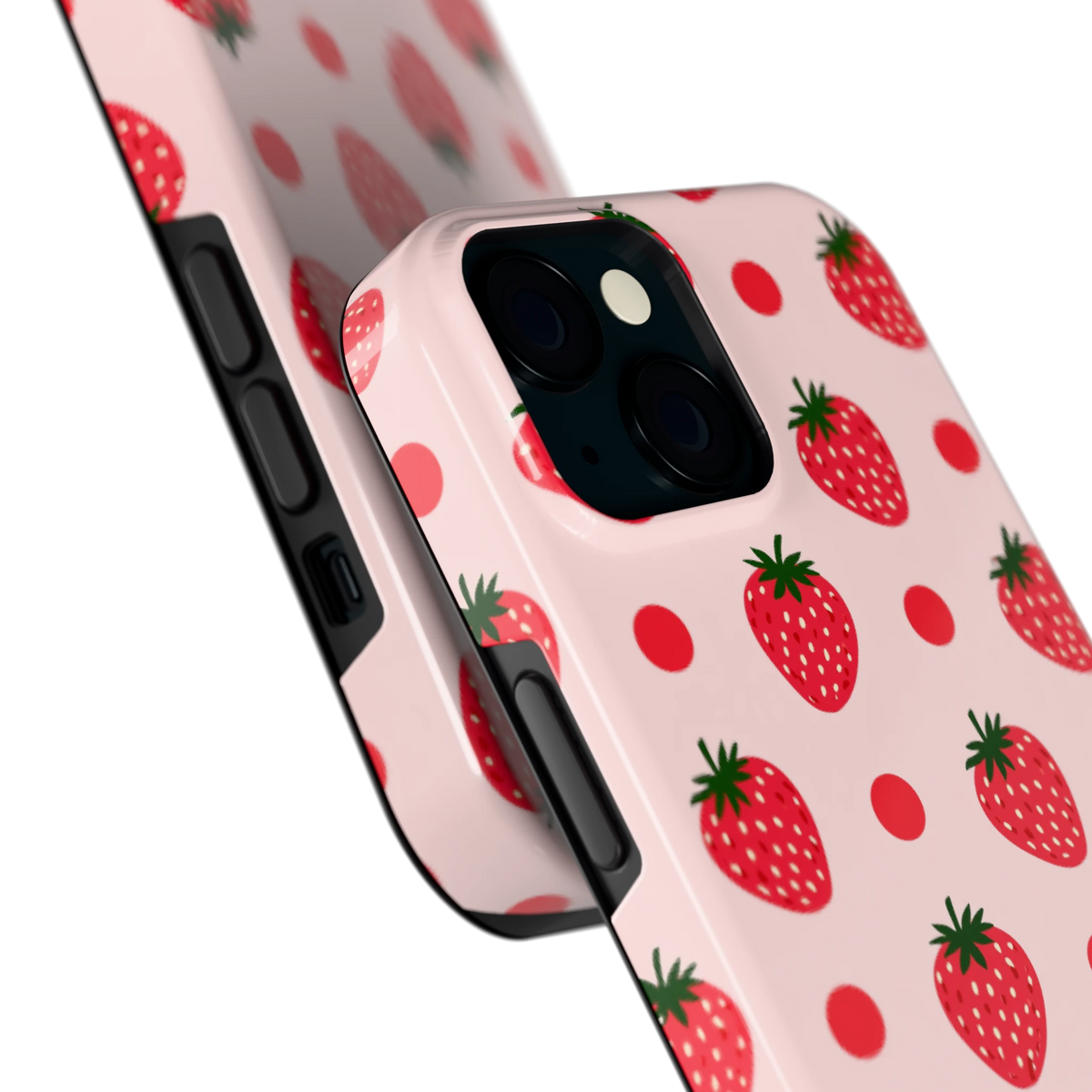 Aardbeien en Stippen hoesje voor iPhone 15, close-up