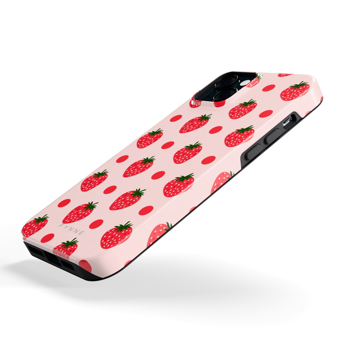 Aardbeien en Stippen hoesje voor iPhone 15 Plus, schuin