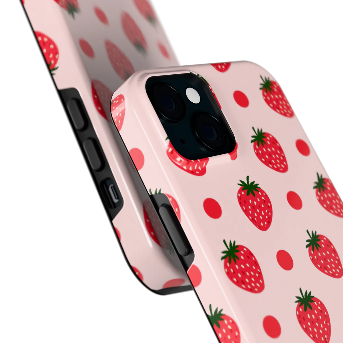Aardbeien en Stippen hoesje voor iPhone 15 Plus, close-up