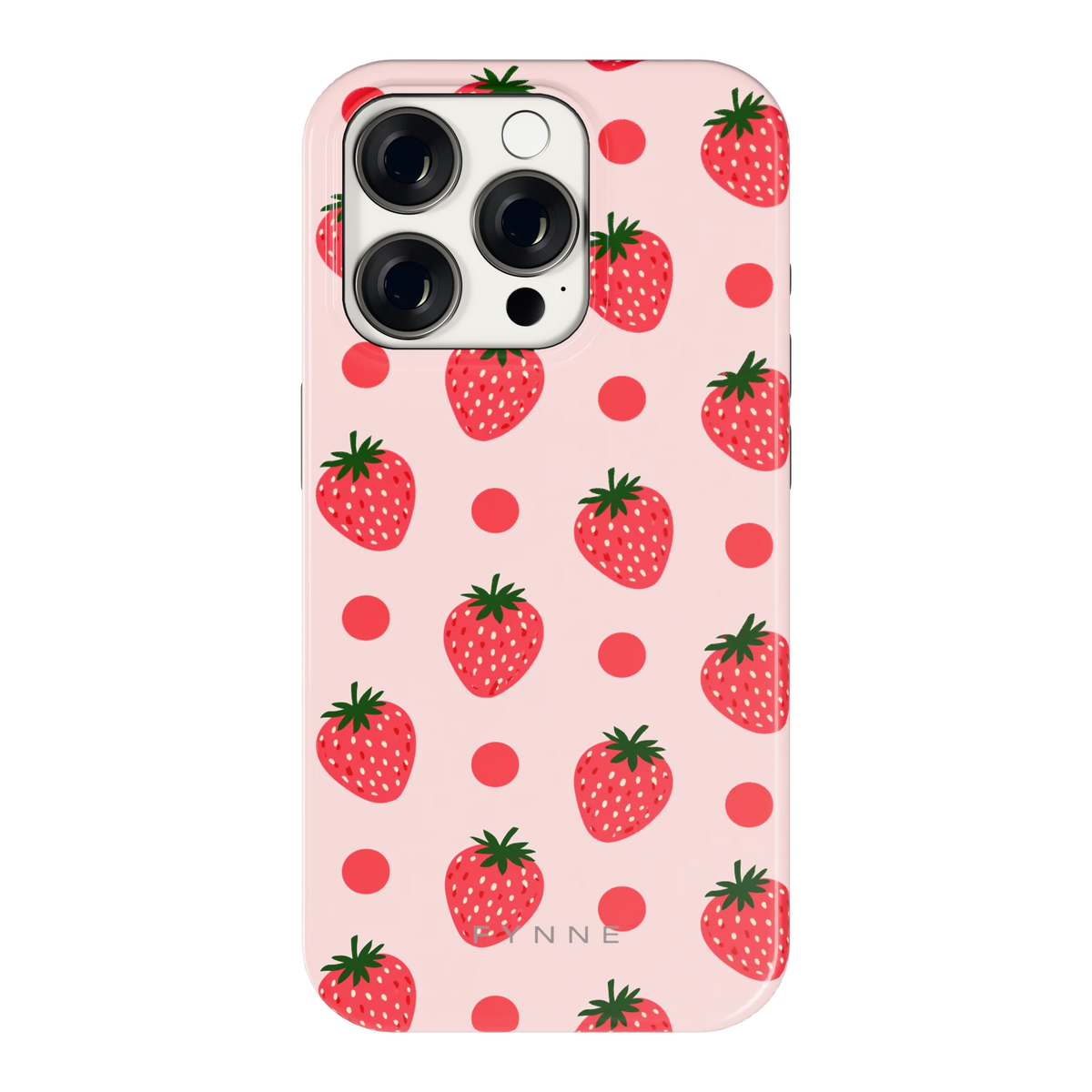 Aardbeien en Stippen hoesje voor iPhone 15 Pro, achterkant