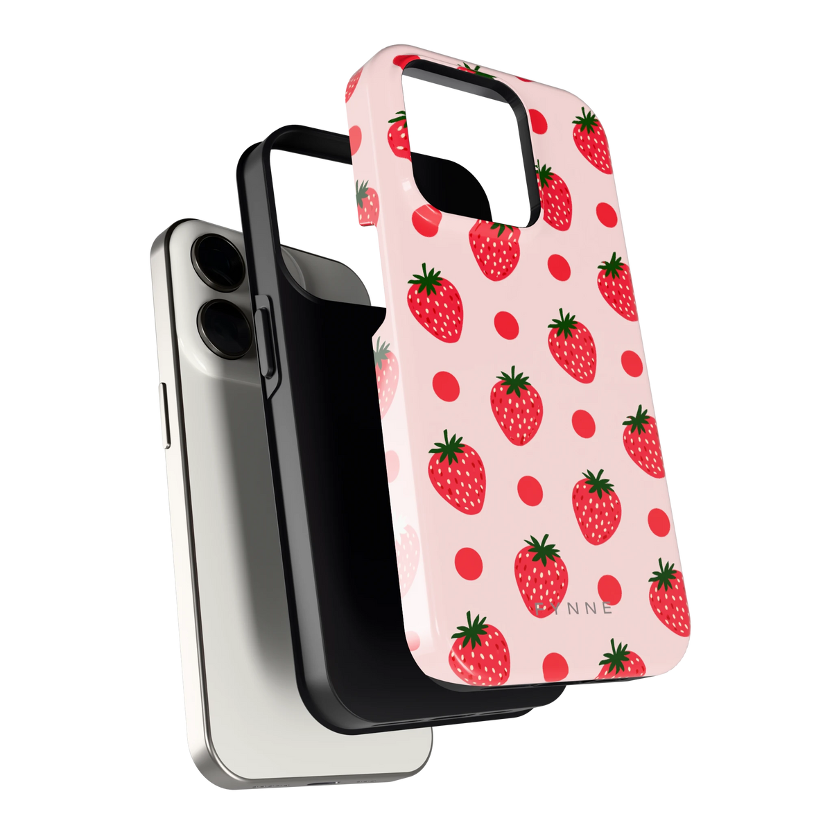 Aardbeien en Stippen hoesje voor iPhone 15 Pro, los van de telefoon