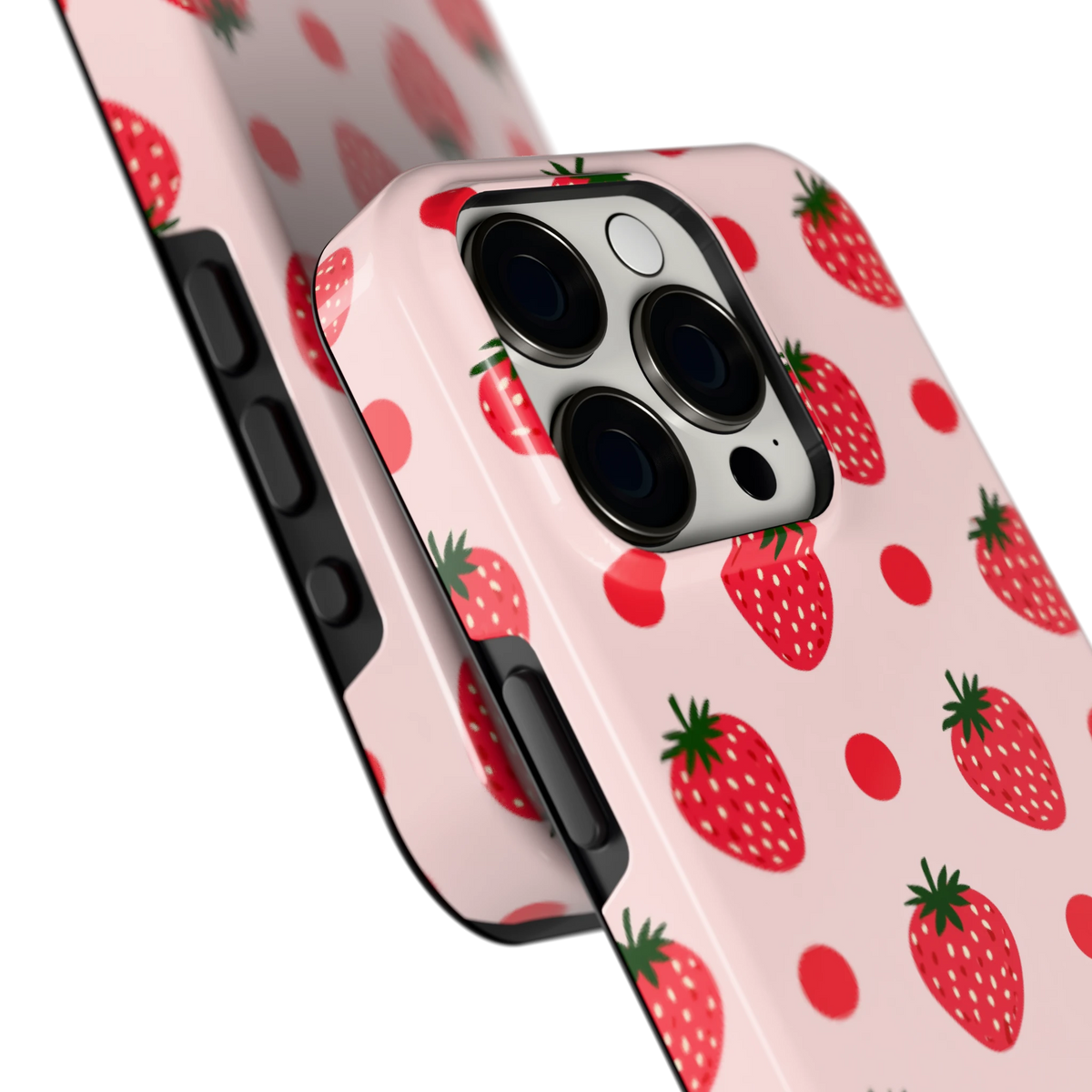 Aardbeien en Stippen hoesje voor iPhone 15 Pro, close-up