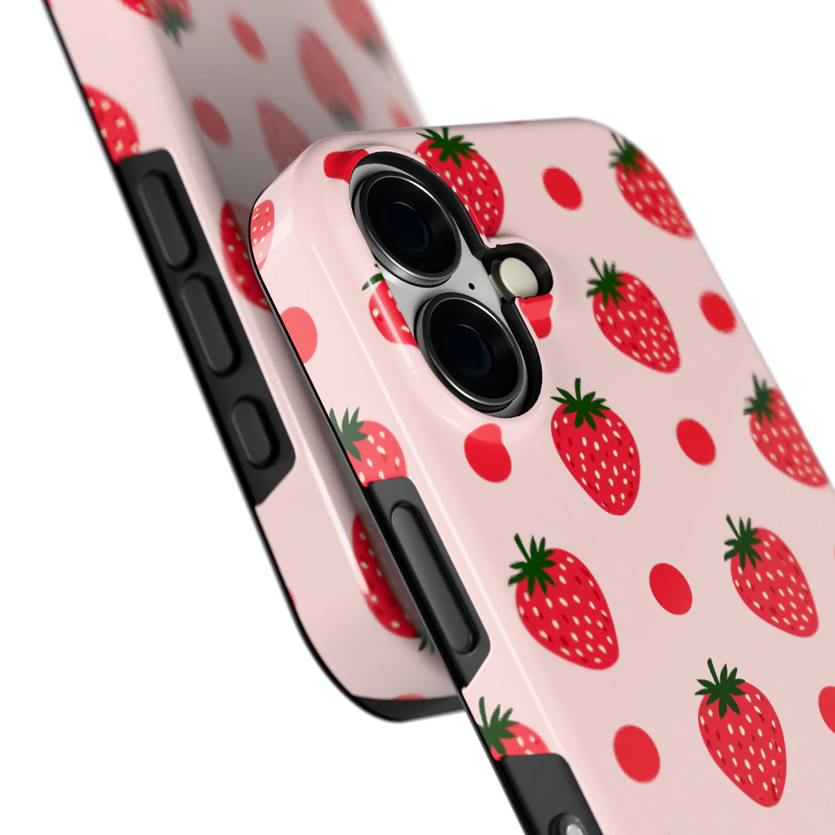 Aardbeien en Stippen hoesje voor iPhone 16, close-up