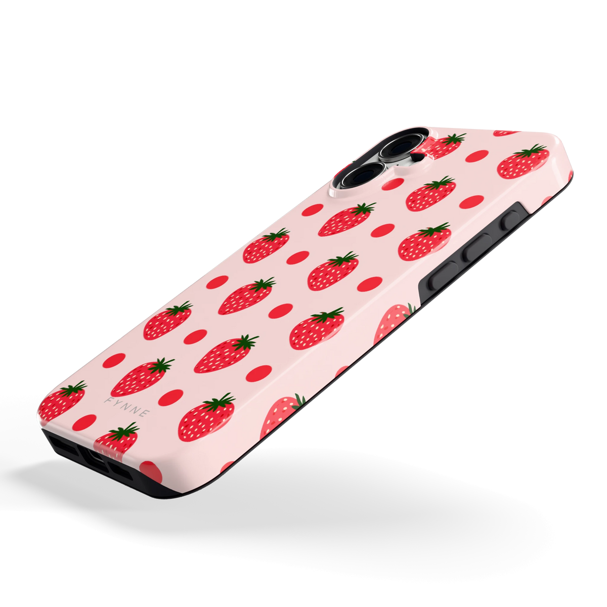 Aardbeien en Stippen hoesje voor iPhone 16 Plus, schuin