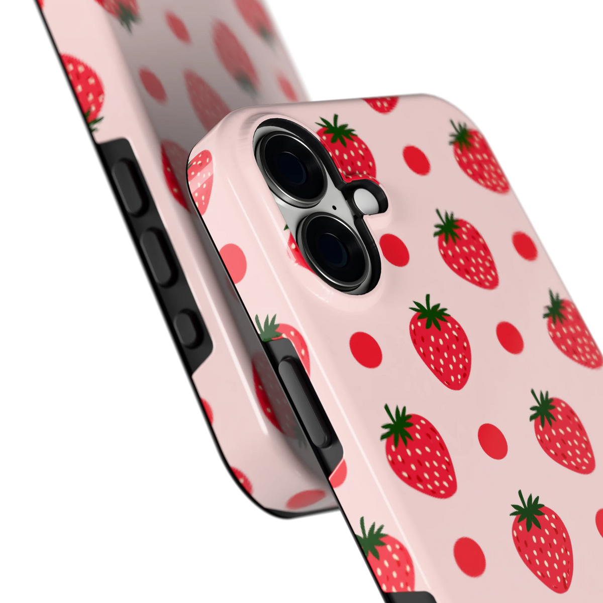 Aardbeien en Stippen hoesje voor iPhone 16 Plus, close-up