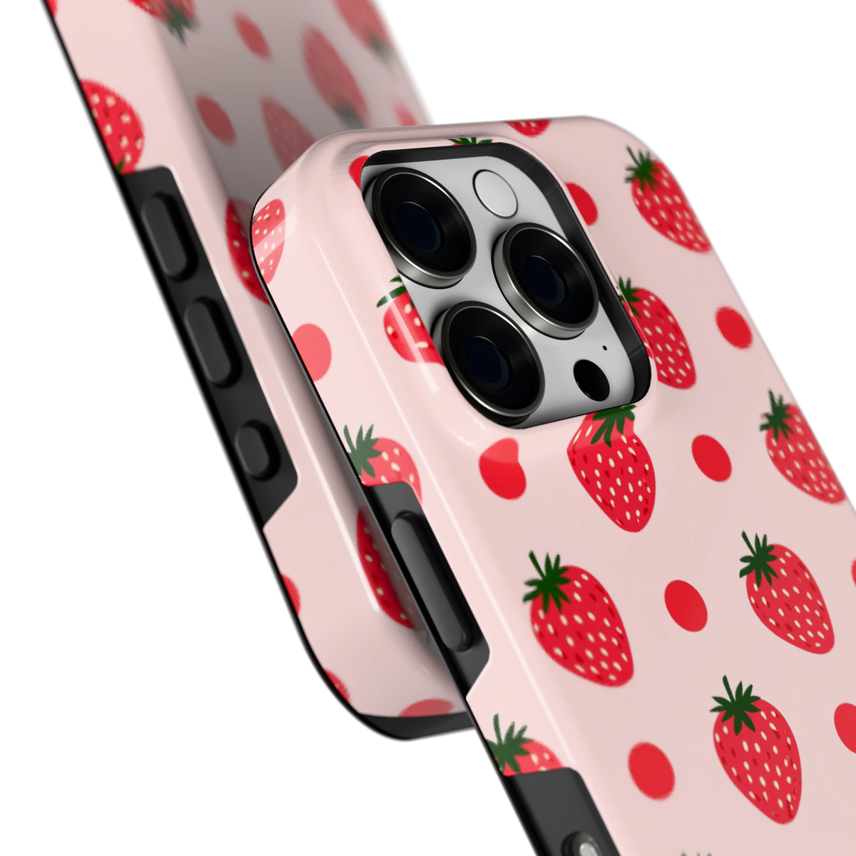 Aardbeien en Stippen hoesje voor iPhone 16 Pro, close-up