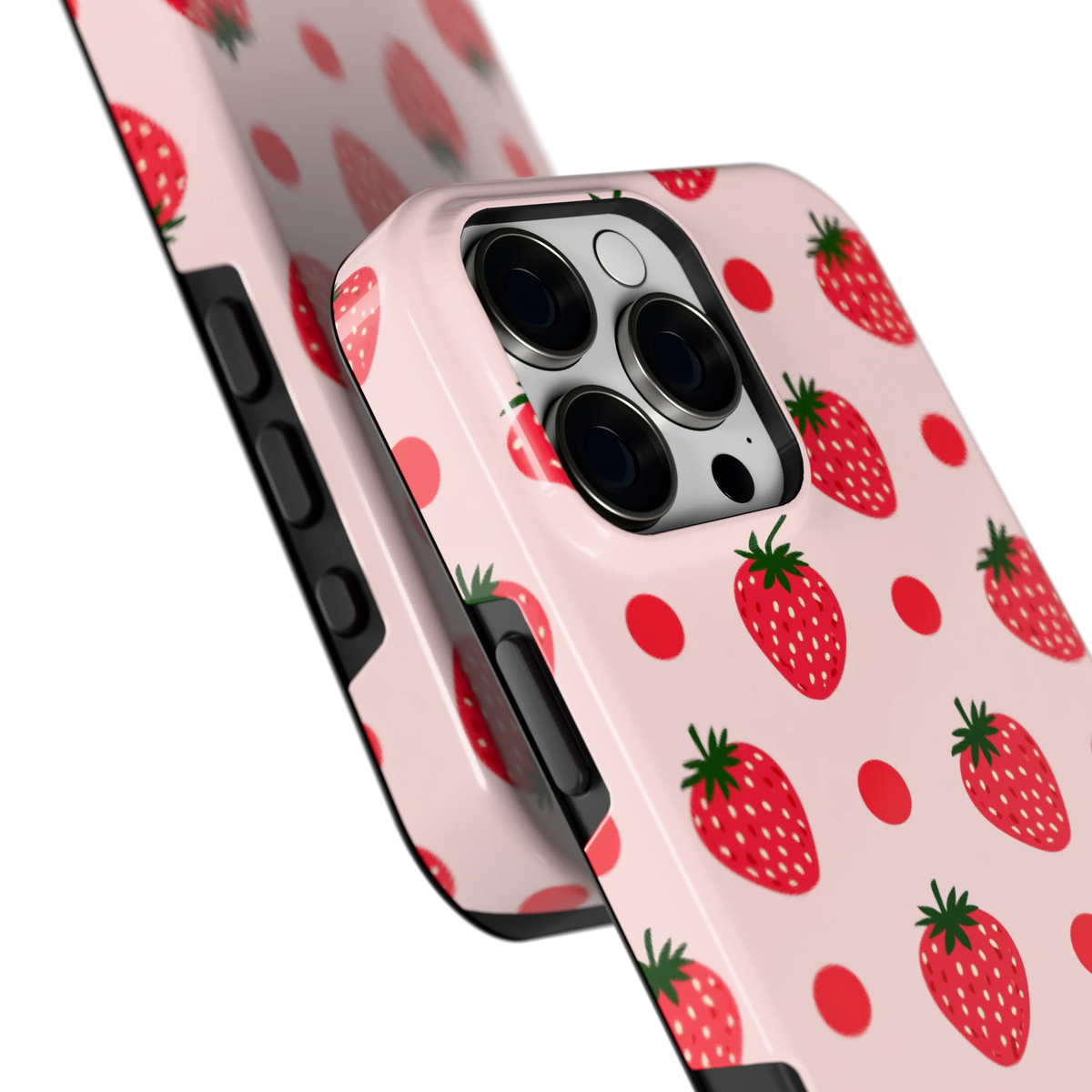 Aardbeien en Stippen hoesje voor iPhone 16 Pro Max, close-up