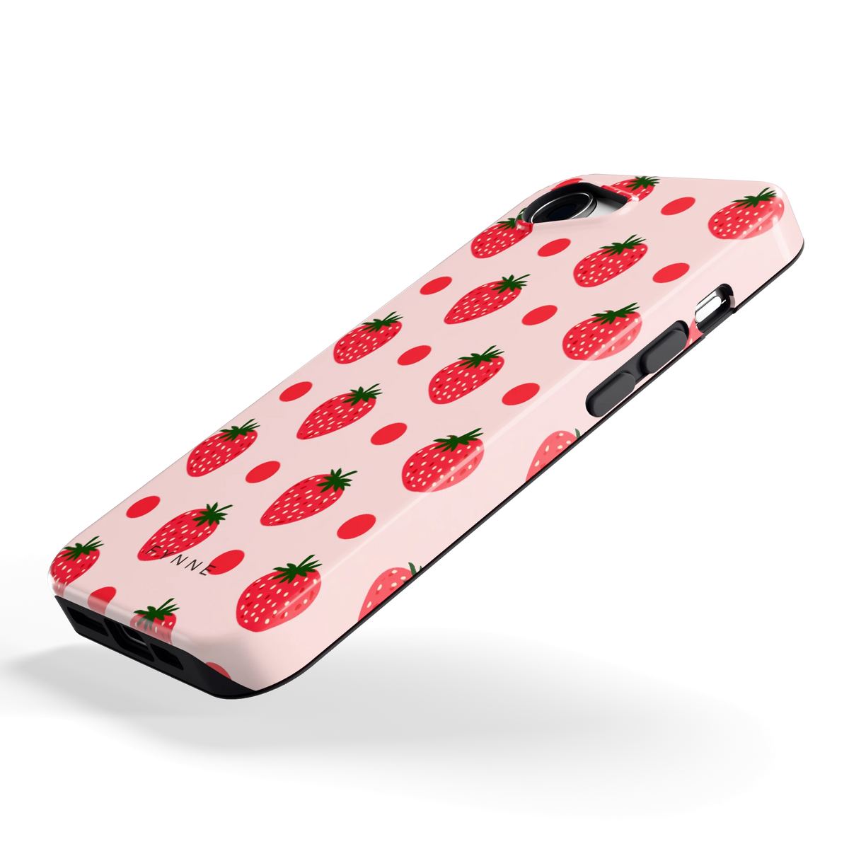 Aardbeien en Stippen hoesje voor iPhone 16e, schuin