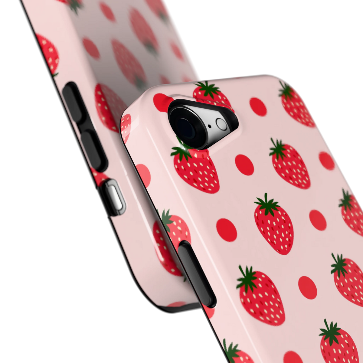 Aardbeien en Stippen hoesje voor iPhone 16e, close-up