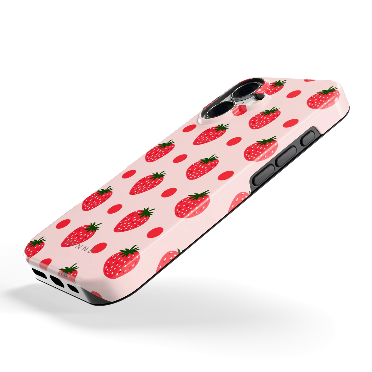 Aardbeien en Stippen hoesje voor iPhone 17, schuin