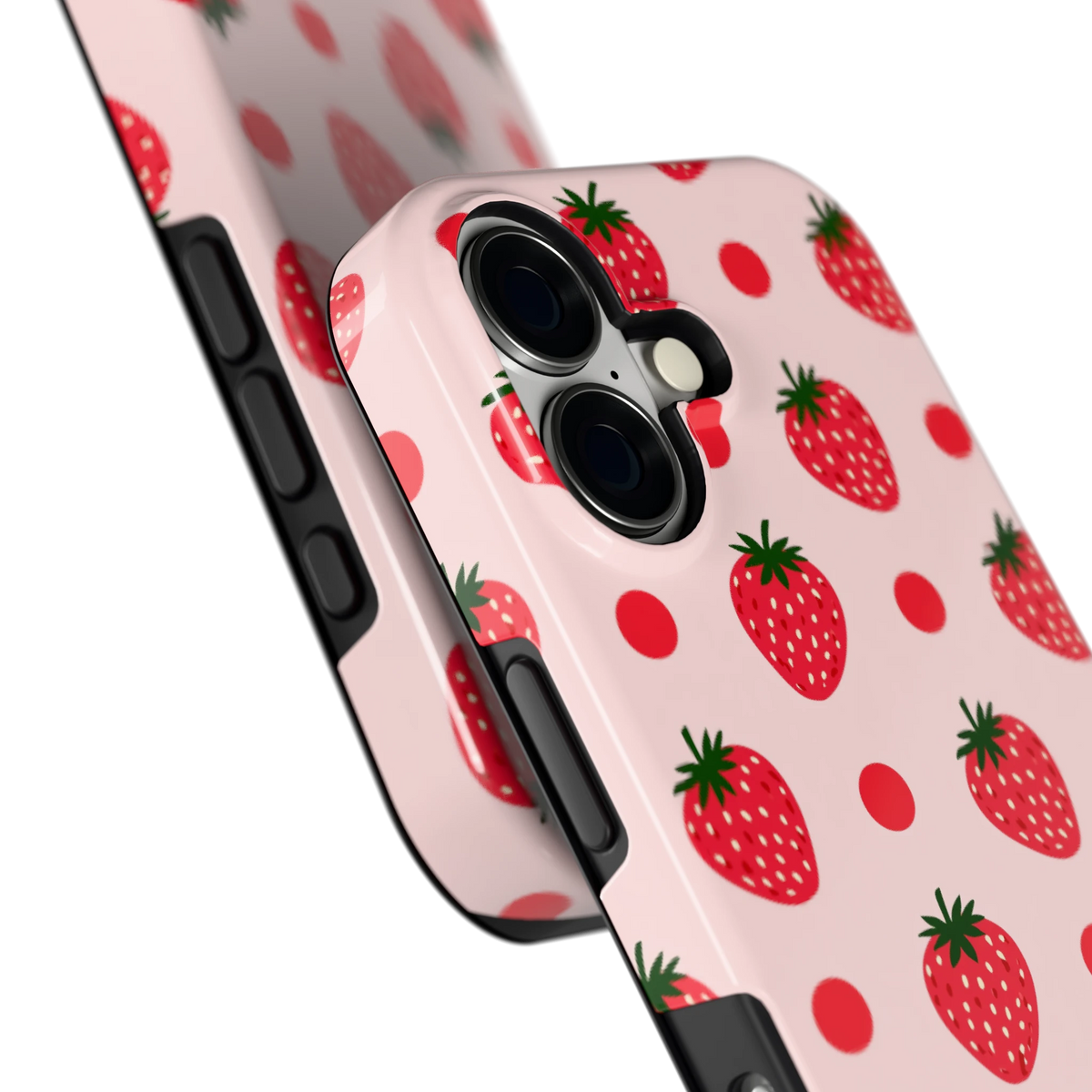 Aardbeien en Stippen hoesje voor iPhone 17, close-up