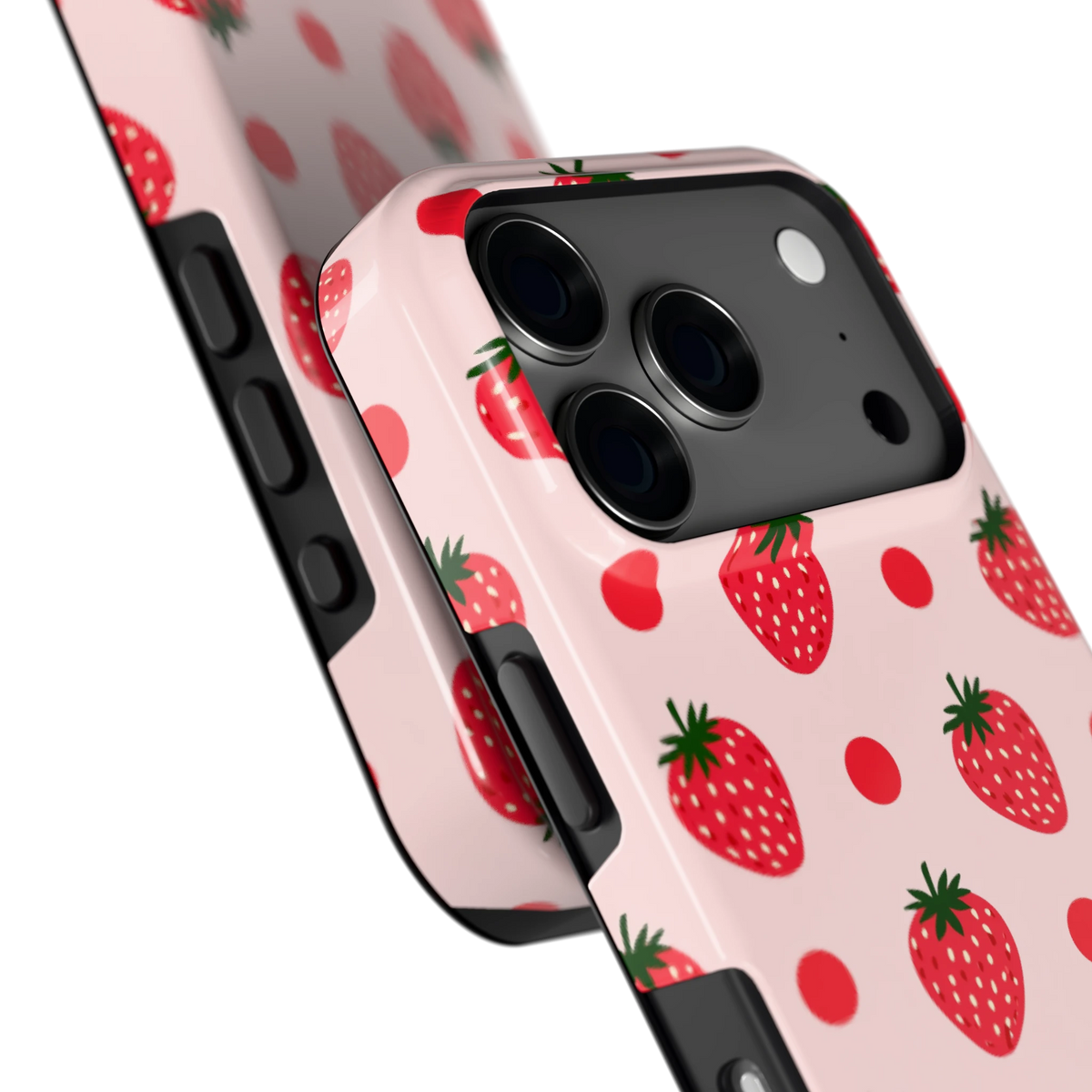 Aardbeien en Stippen hoesje voor iPhone 17 Pro, close-up