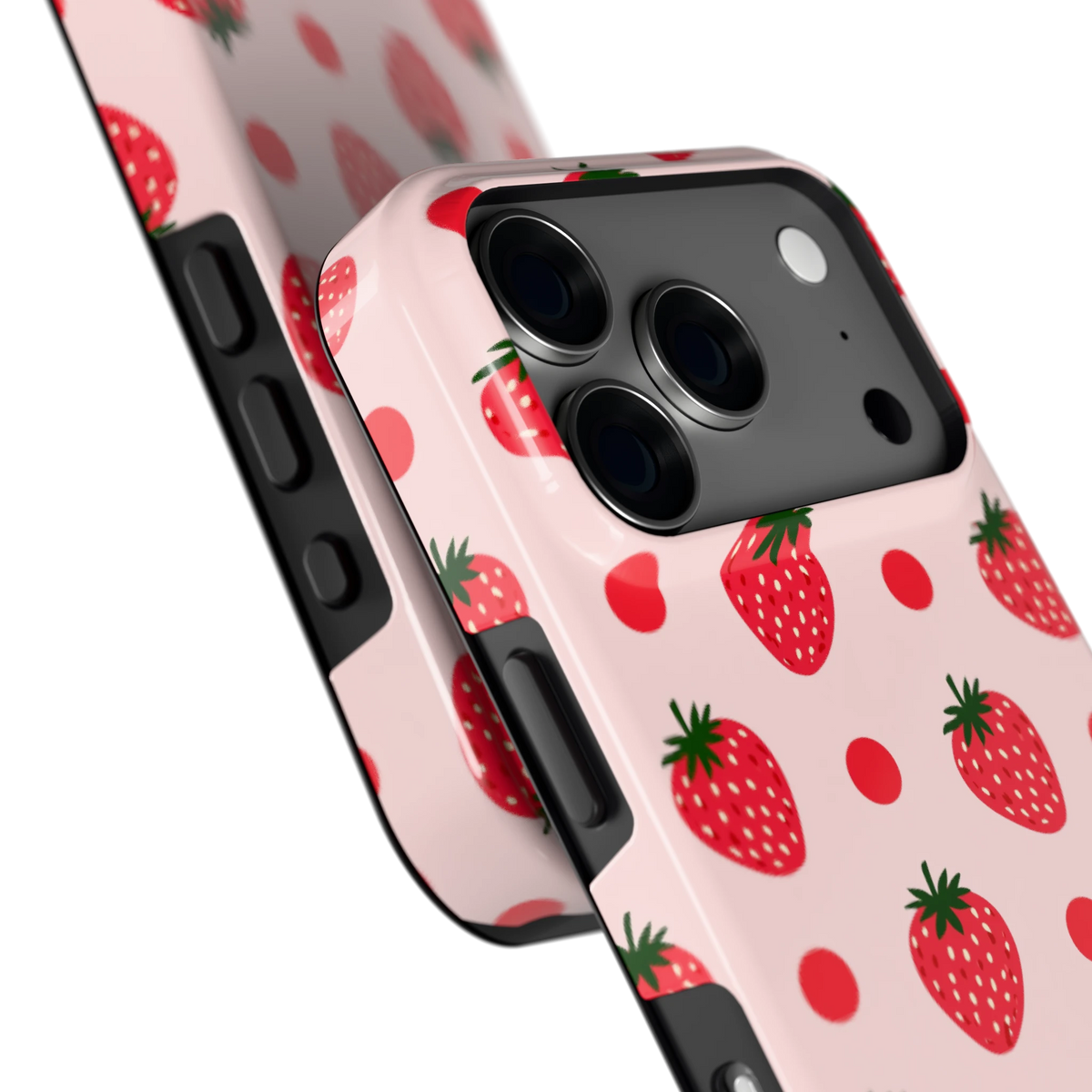 Aardbeien en Stippen hoesje voor iPhone 18 Pro, close-up