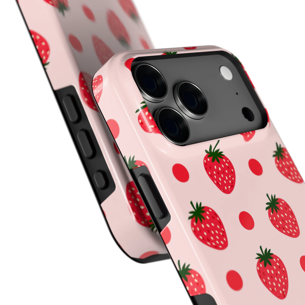 Aardbeien en Stippen hoesje voor iPhone 18 Pro Max, close-up