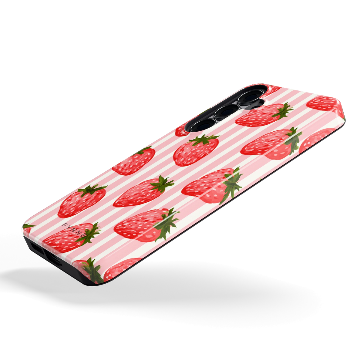 Aardbeienstrepen hoesje voor Galaxy S25+, schuin