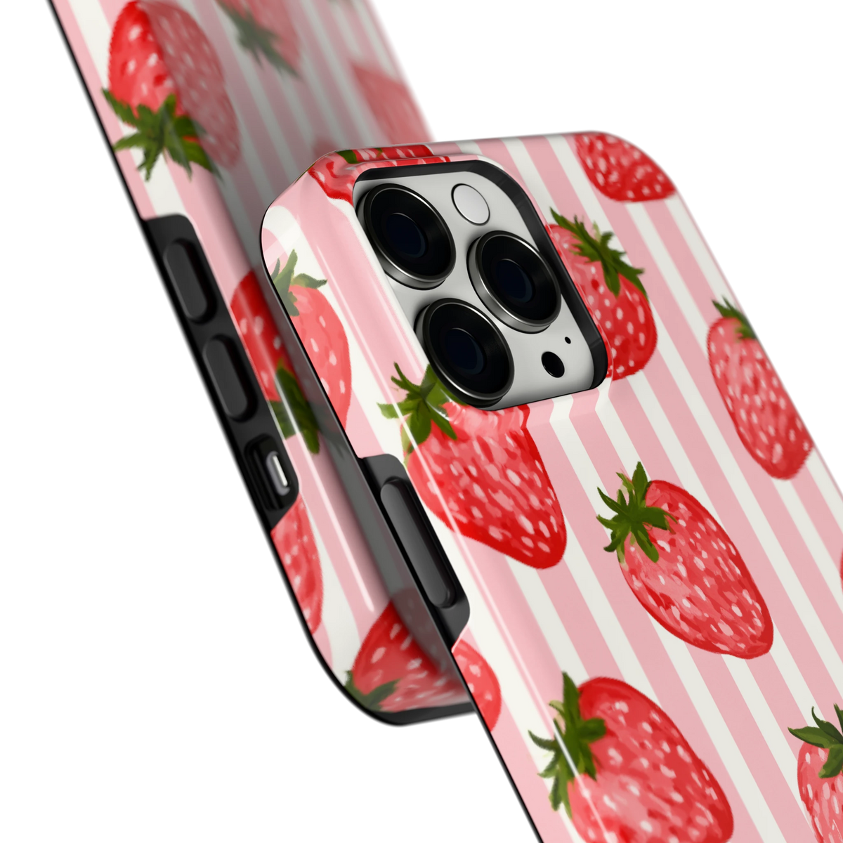 Aardbeienstrepen hoesje voor iPhone 13 Pro Max, close-up