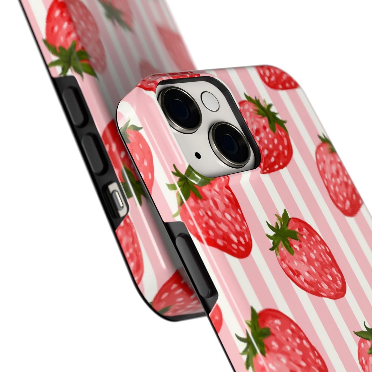 Aardbeienstrepen hoesje voor iPhone 14, close-up