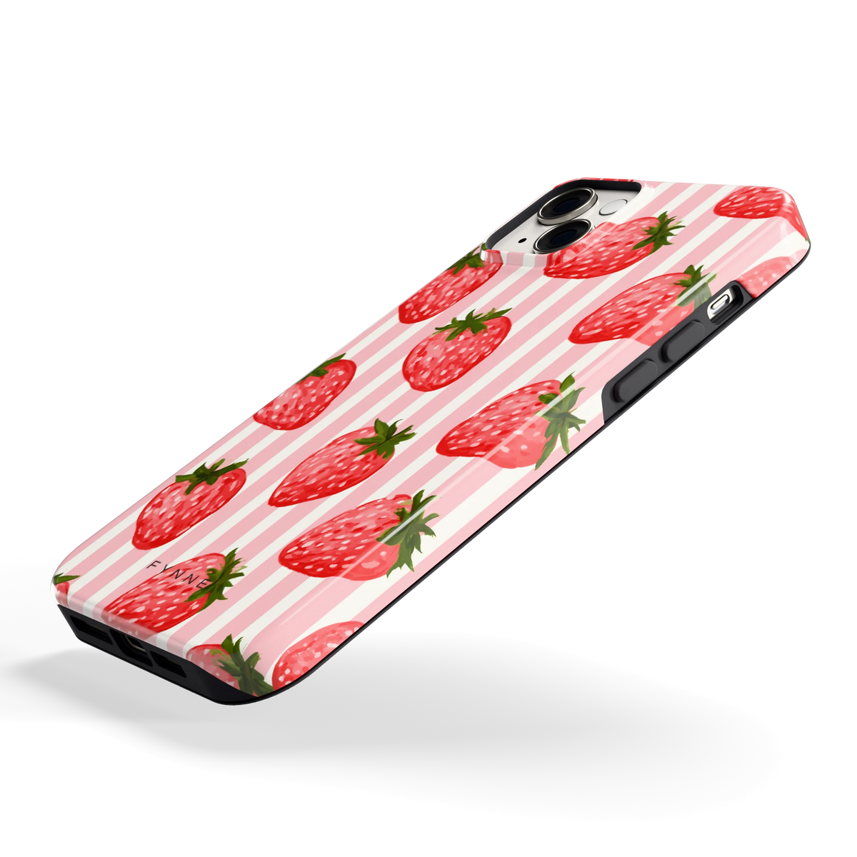 Aardbeienstrepen hoesje voor iPhone 14 Plus, schuin