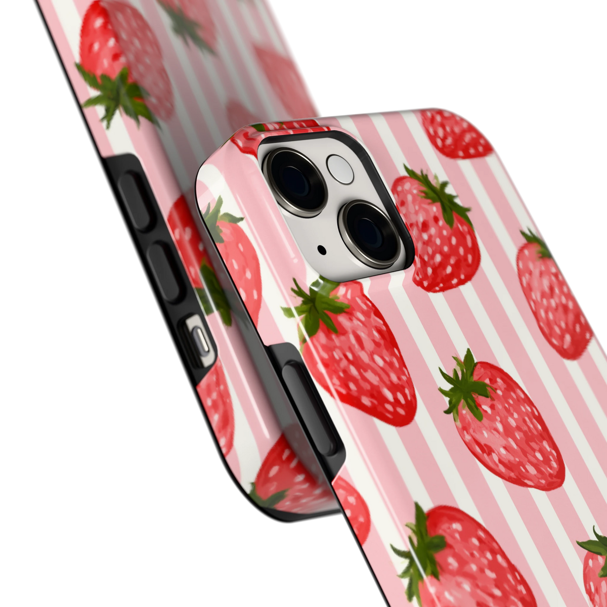Aardbeienstrepen hoesje voor iPhone 14 Plus, close-up