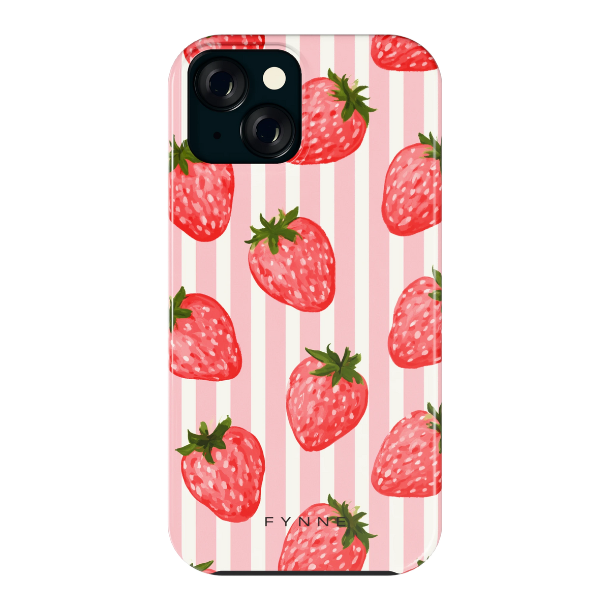Aardbeienstrepen hoesje voor iPhone 15, achterkant