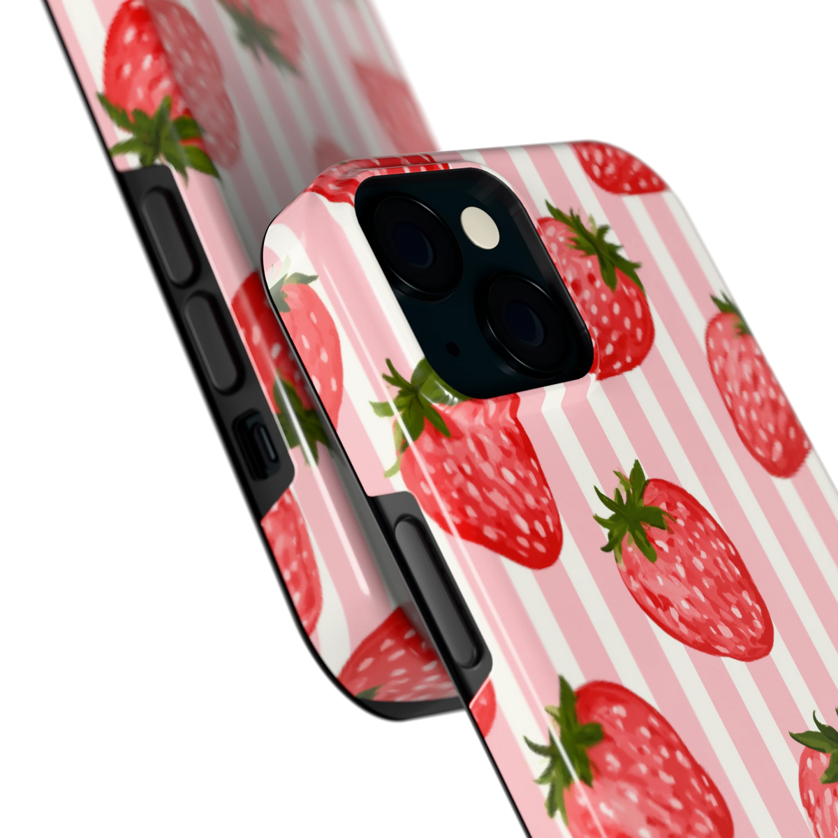 Aardbeienstrepen hoesje voor iPhone 15, close-up