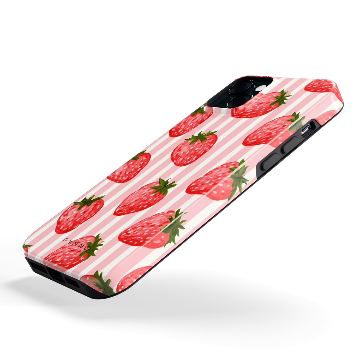 Aardbeienstrepen hoesje voor iPhone 15 Plus, schuin