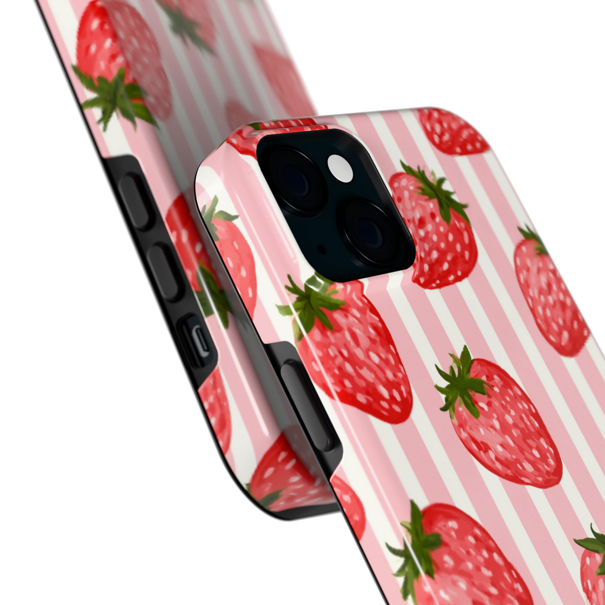 Aardbeienstrepen hoesje voor iPhone 15 Plus, close-up