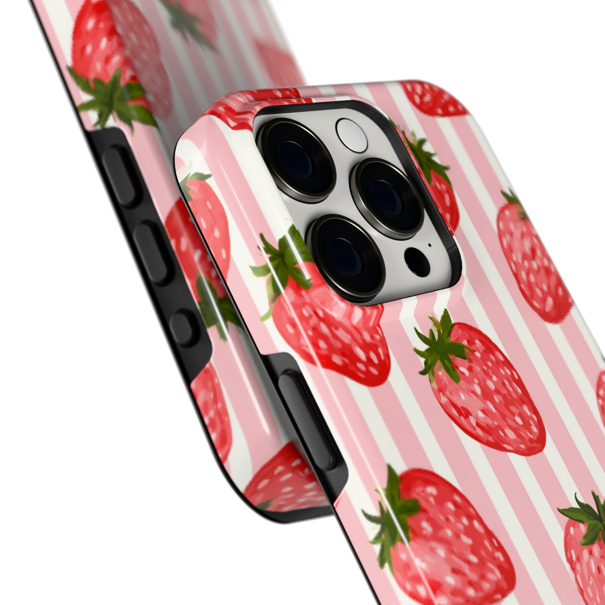 Aardbeienstrepen hoesje voor iPhone 15 Pro, close-up