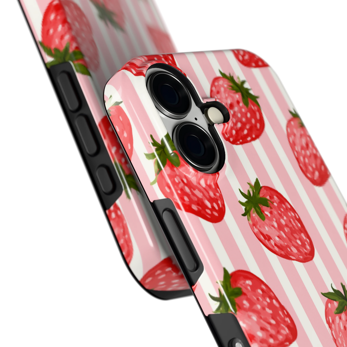 Aardbeienstrepen hoesje voor iPhone 16, close-up