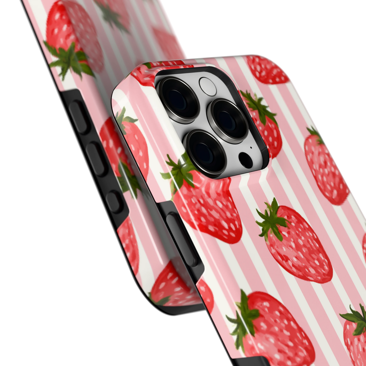 Aardbeienstrepen hoesje voor iPhone 16 Pro Max, close-up