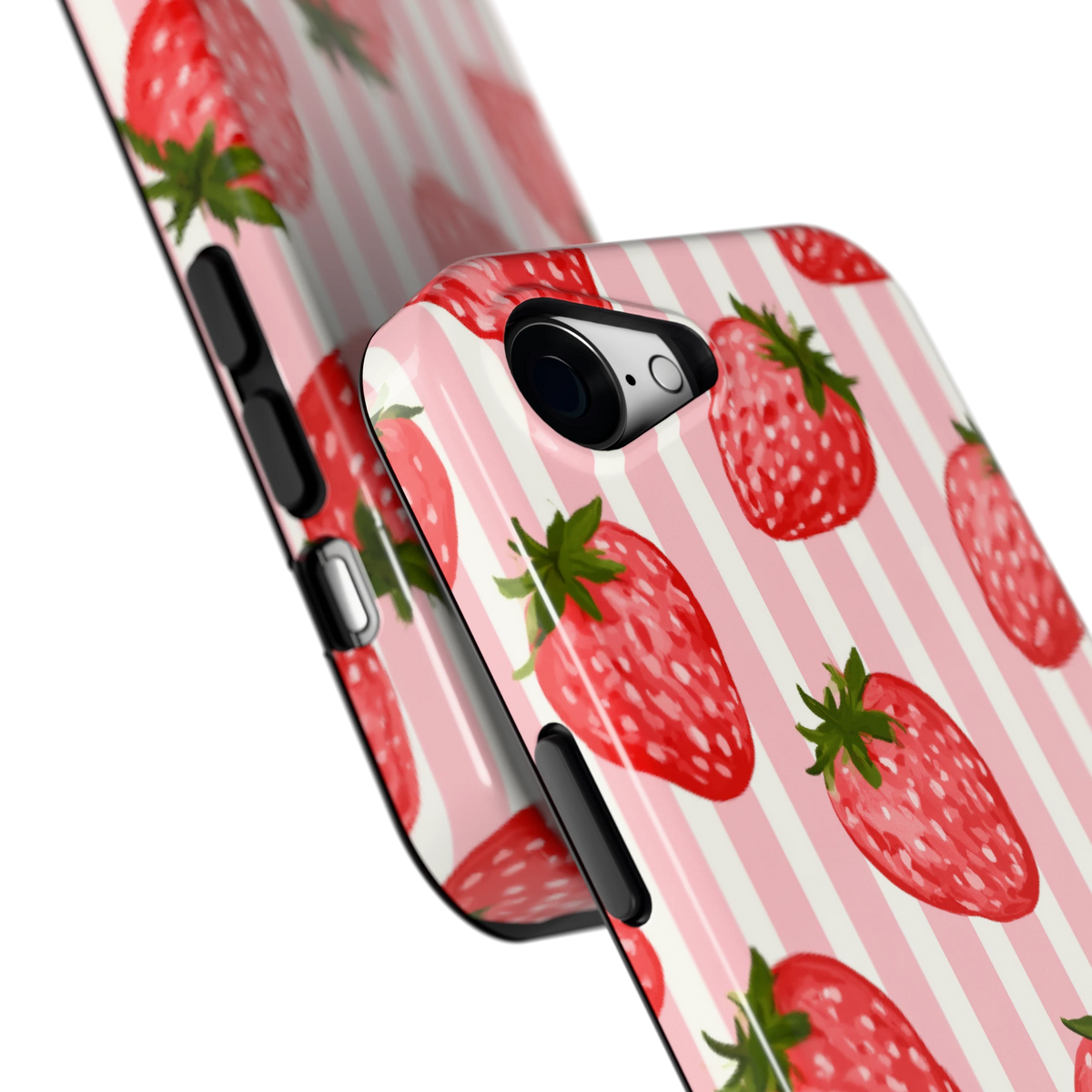 Aardbeienstrepen hoesje voor iPhone 16e, close-up