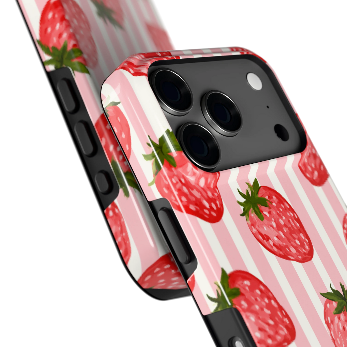 Aardbeienstrepen hoesje voor iPhone 17 Pro, close-up